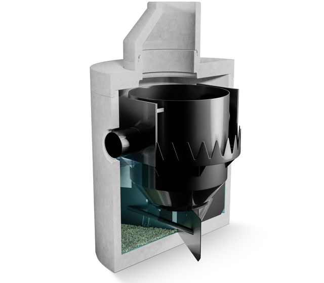 Sprängskiss av partikelavskiljare för dagvattenrening i betongbrunn;med synlig insats för separation av mikroplaster och tungmetaller. Visar flödesväg och sedimentering i flera steg.