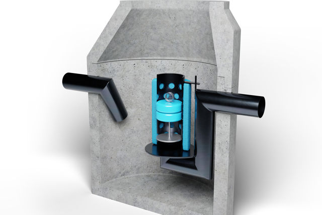 Sprängskiss av koalescensavskiljare i betongbrunn;med tydligt synliga in- och utloppsrör samt en central koalescensinsats med blå filterelement och separationskammare för effektiv oljeavskiljning.