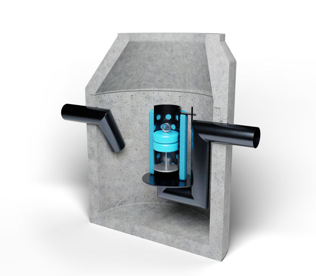 Sprängskiss av koalescensavskiljare i betongbrunn;med tydligt synliga in- och utloppsrör samt en central koalescensinsats med blå filterelement och separationskammare för effektiv oljeavskiljning.