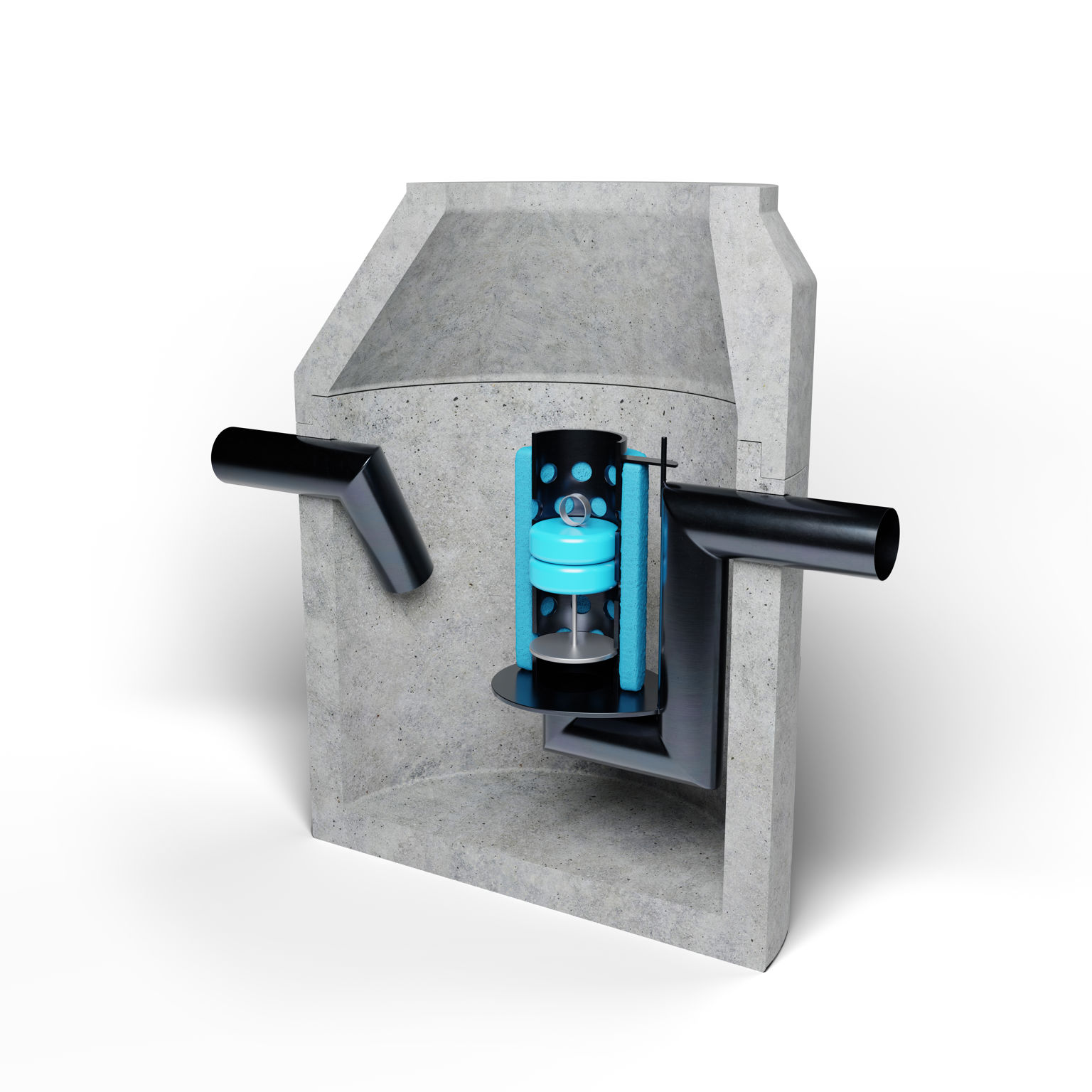 Sprängskiss av koalescensavskiljare i betongbrunn;med tydligt synliga in- och utloppsrör samt en central koalescensinsats med blå filterelement och separationskammare för effektiv oljeavskiljning.