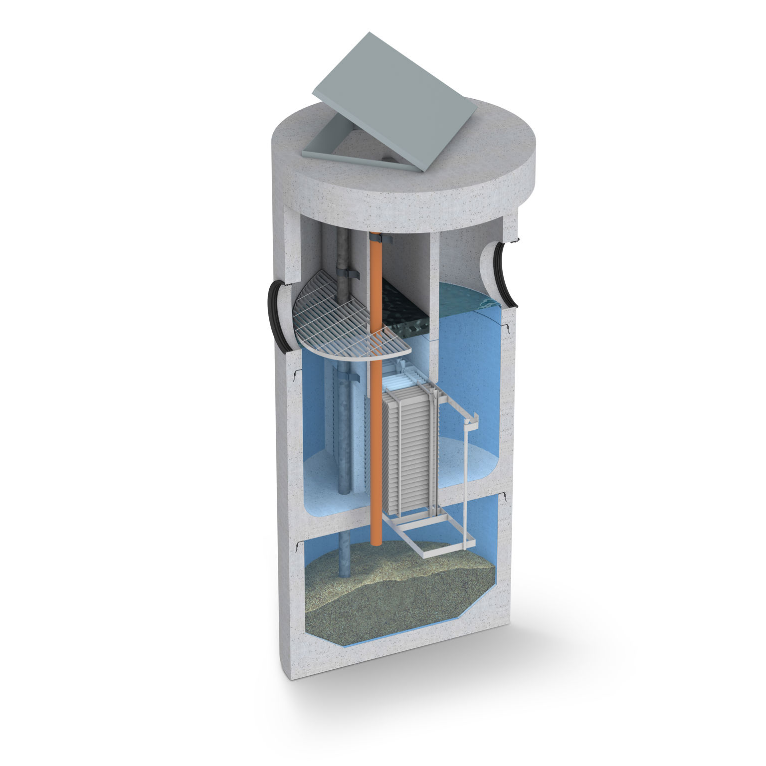 Sprängskiss av lamelloljeavskiljare i betong med inbyggd bypass-funktion;lamellpaket och rostfri inredning. Visar vattenflöde;oljeavskiljning och struktur i genomskärning.