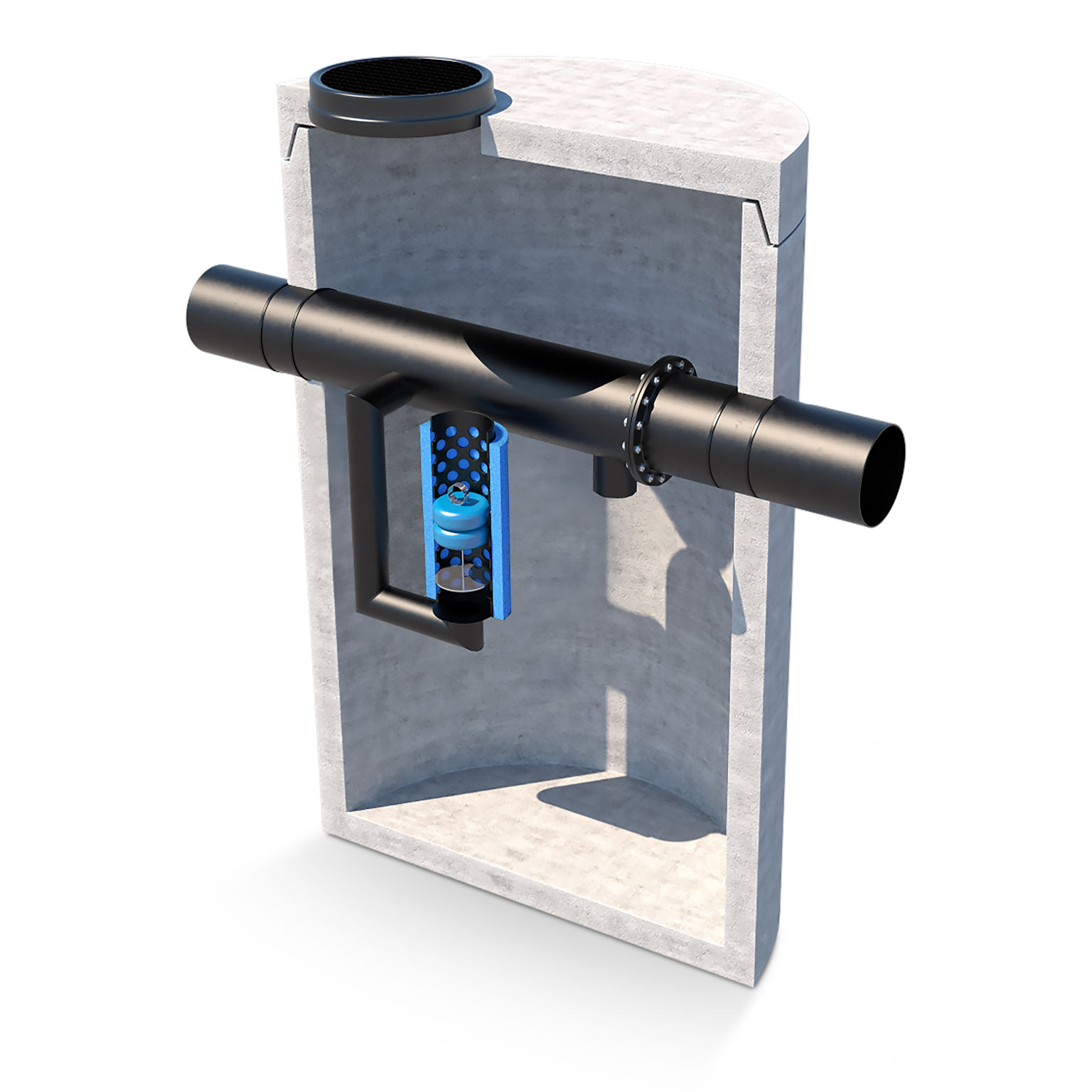 Sprängskiss av koalescensoljeavskiljare med bypassfunktion;monterad i betongbrunn. Visar flödesvägar;koalescensfilter och automatisk avstängningsanordning i genomskuret utförande.