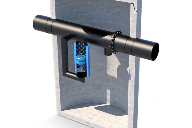 Sprängskiss av koalescensoljeavskiljare med bypassfunktion;monterad i betongbrunn. Visar flödesvägar;koalescensfilter och automatisk avstängningsanordning i genomskuret utförande.