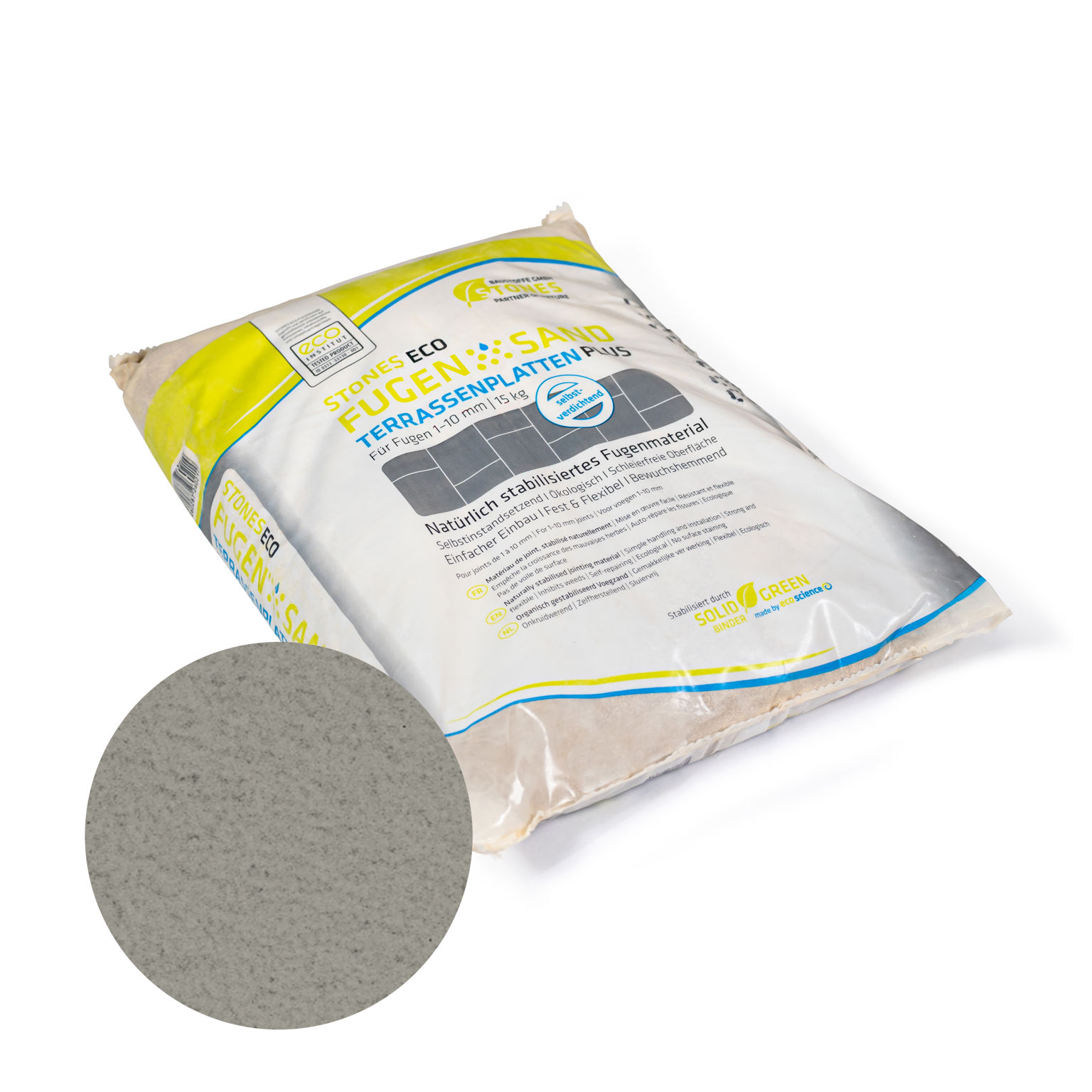 Produktbild på fastogen Eco Terrass i färgen grå;förpackad i en 15 kg säck.